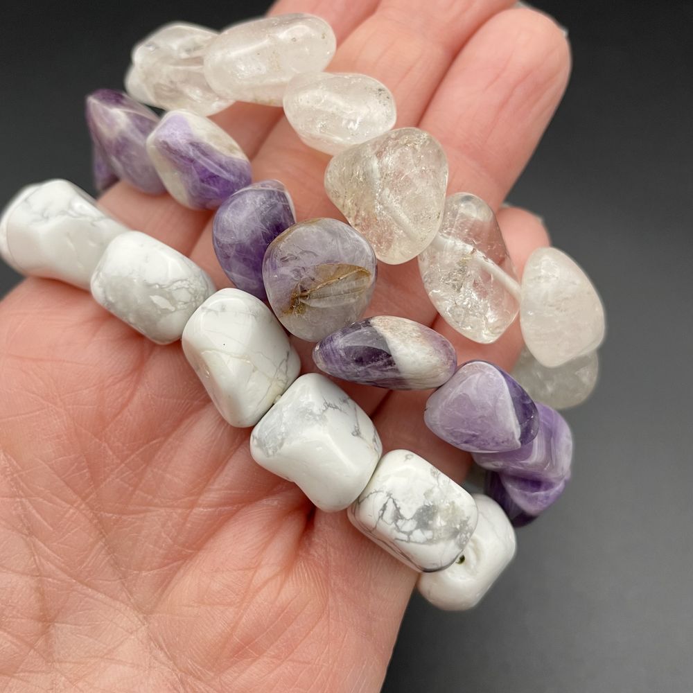 Chunky Crystal Gemstone Stretch Bracelet Set Amethyst Howlite‎ Quartz